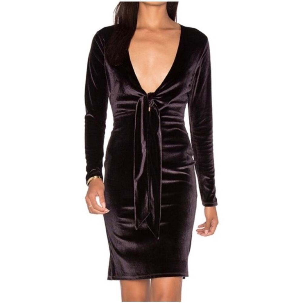 Revolve LPA Velvet Deep V Plunging Neckline Long Sleeve Tie Front Dress Small